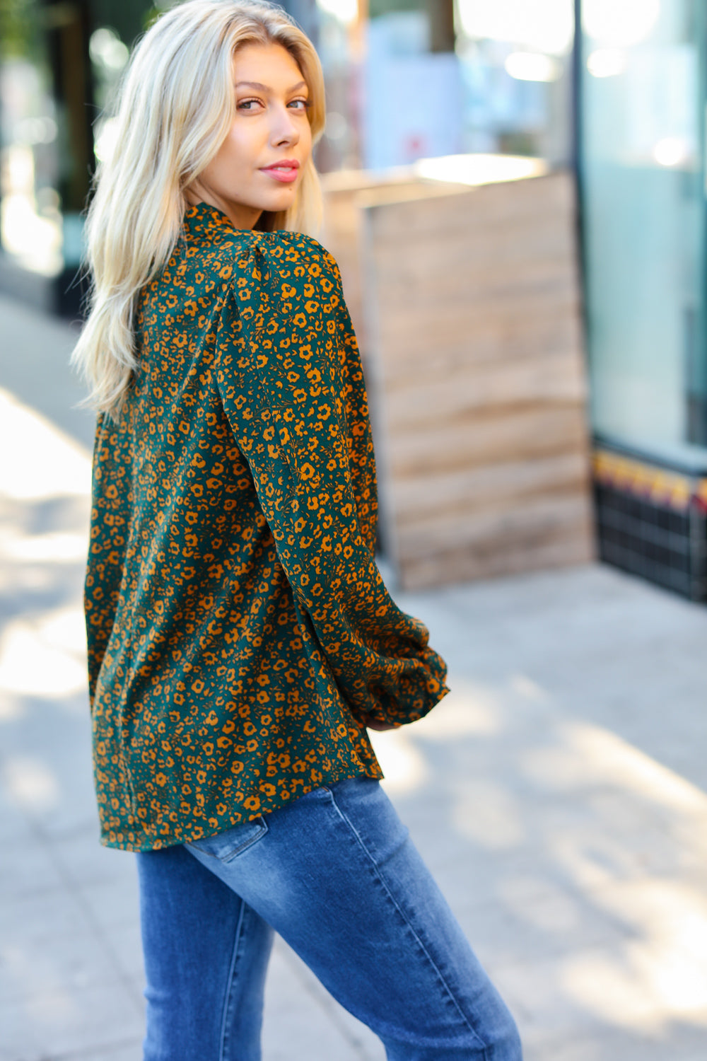 Sweet But Sassy Hunter Green Ditzy Floral Frill Neck Top