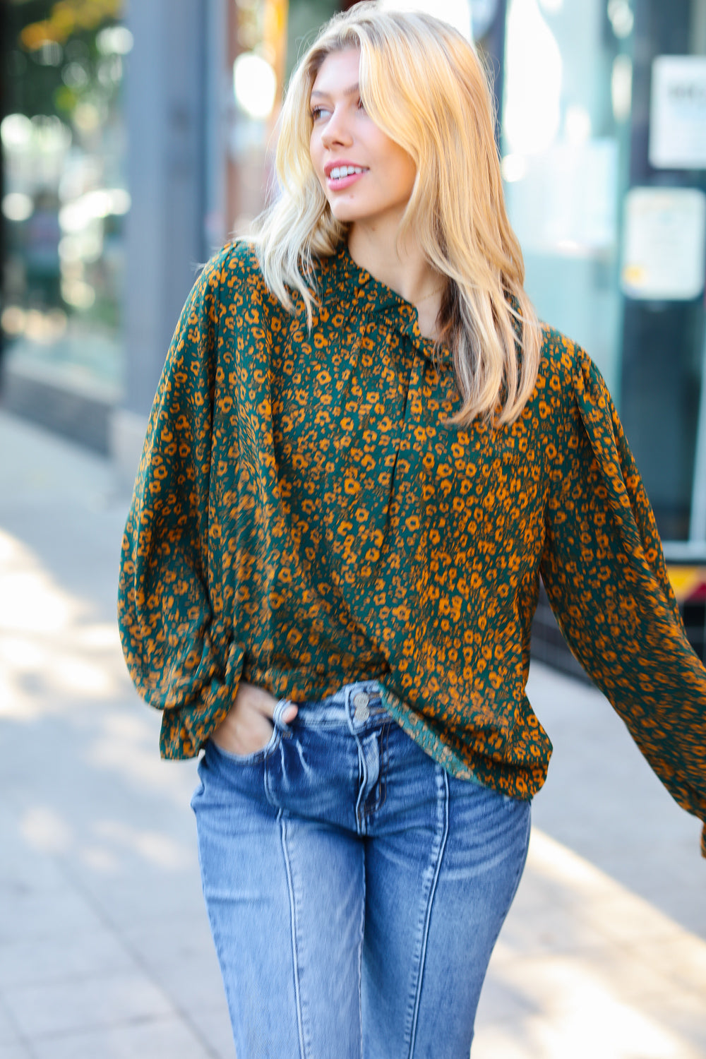 Sweet But Sassy Hunter Green Ditzy Floral Frill Neck Top