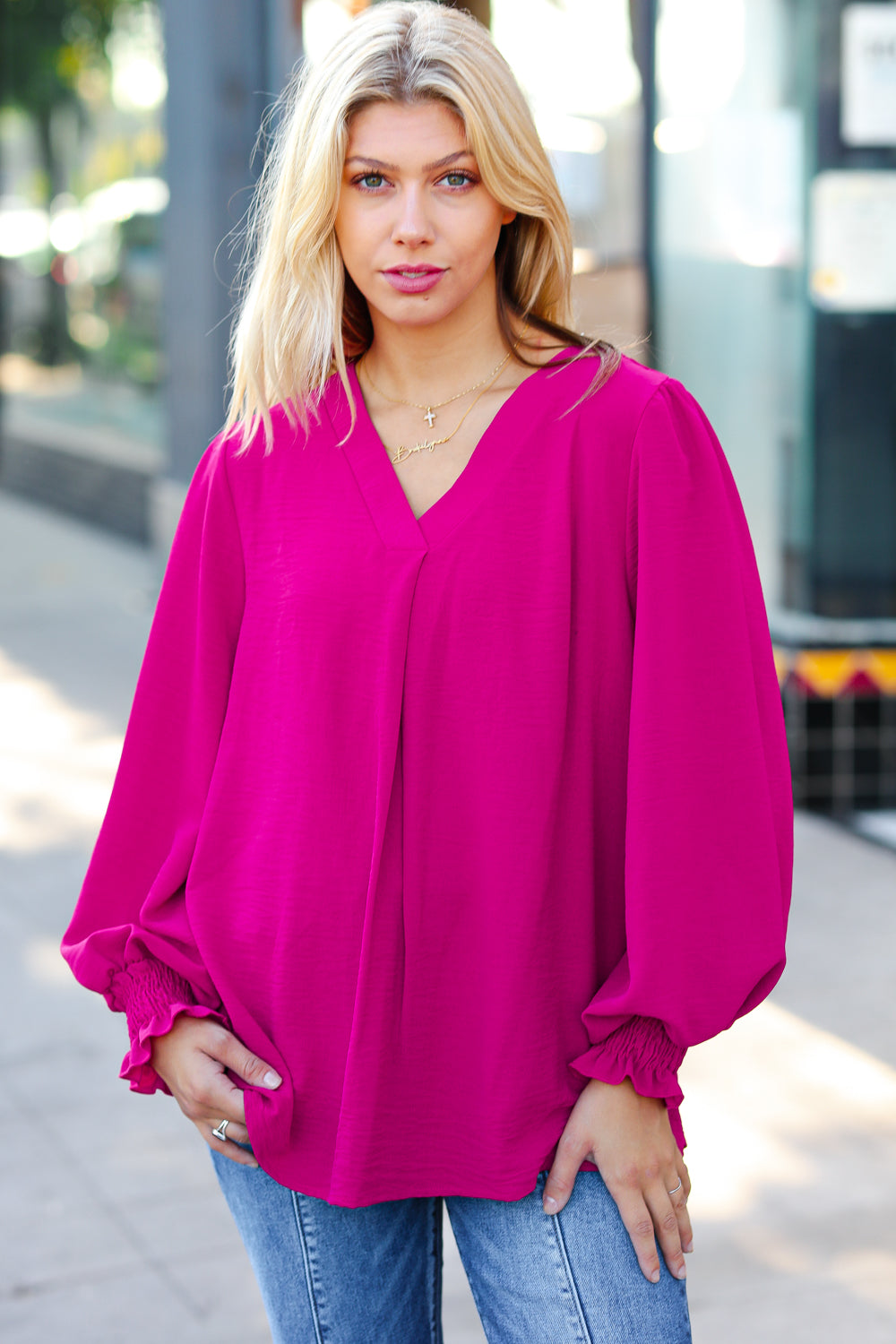 Feminine Flair Magenta Banded V Neck Smocked Top