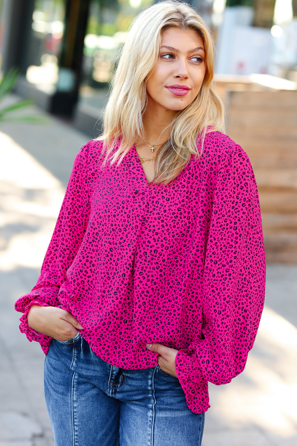 Get Ready Fuchsia Leopard V Neck Smocked Top