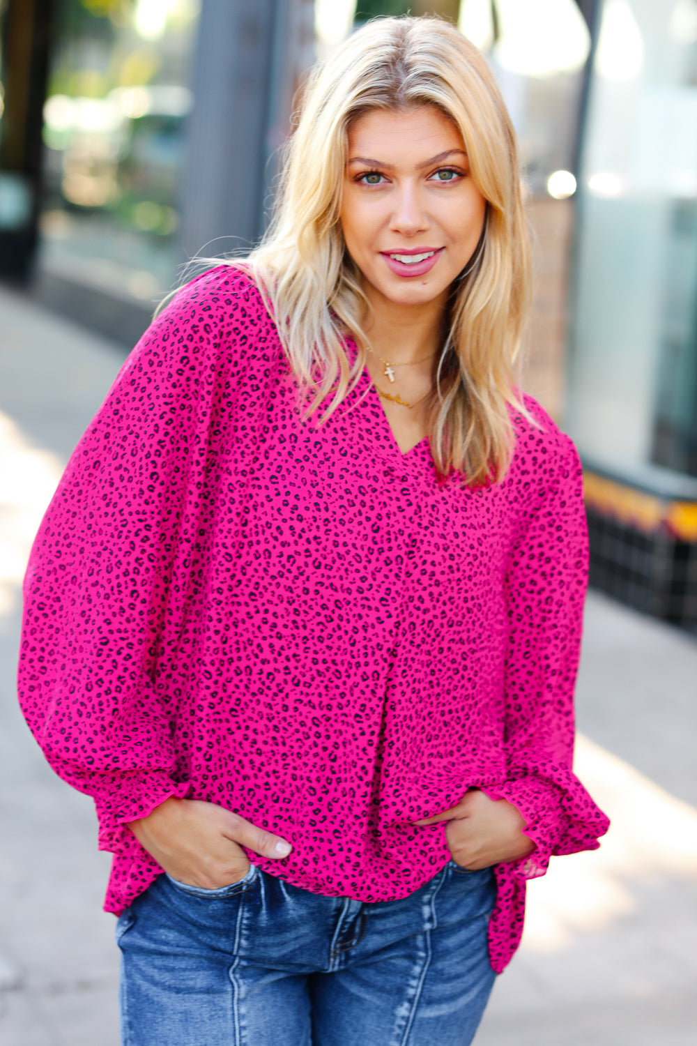 Get Ready Fuchsia Leopard V Neck Smocked Top