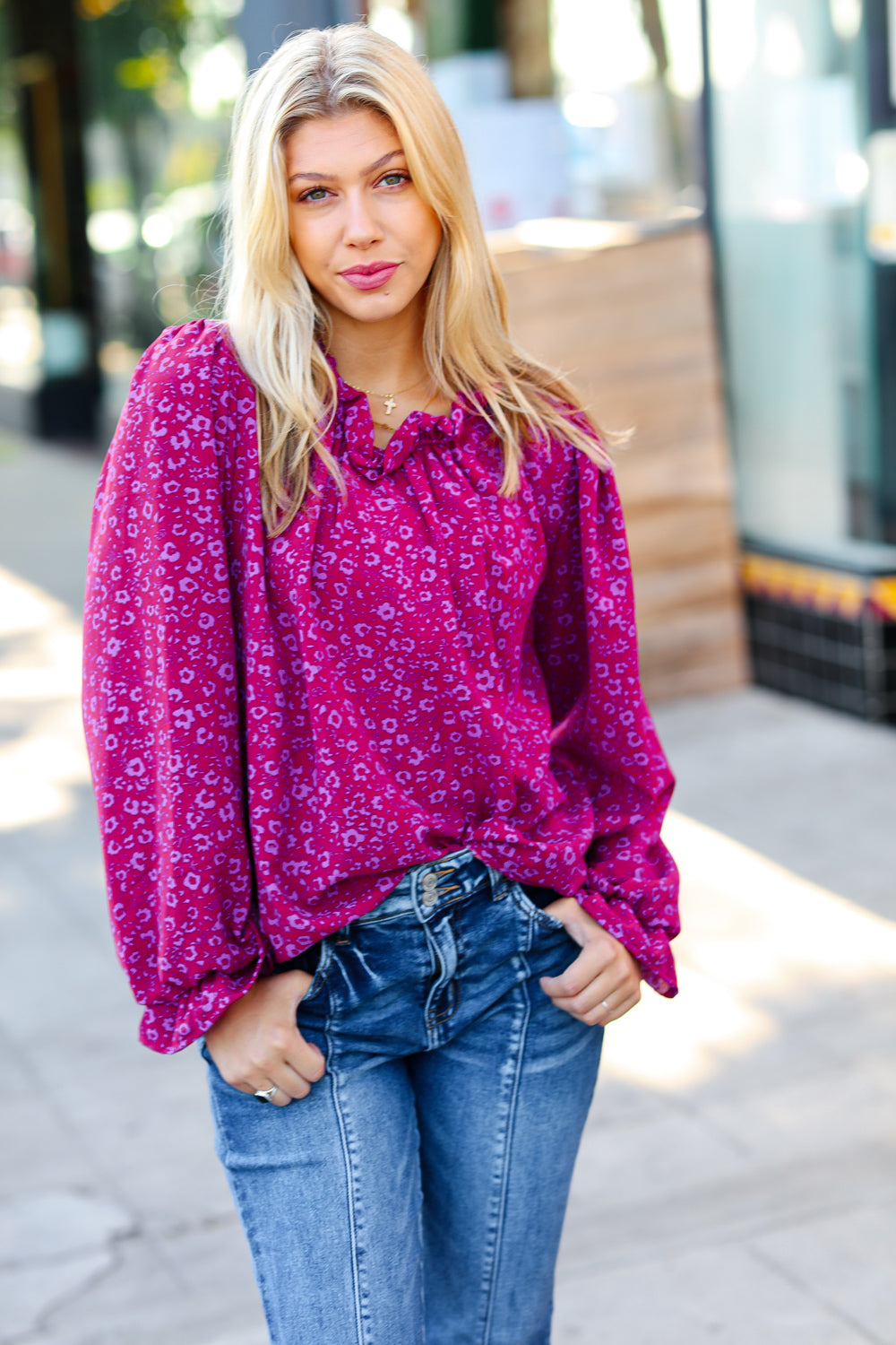 Magenta In Your Dreams Ditzy Floral Frill Neck Top