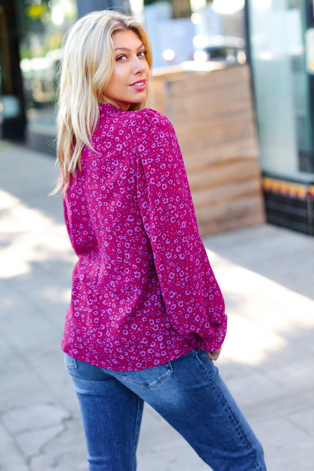 Magenta In Your Dreams Ditzy Floral Frill Neck Top