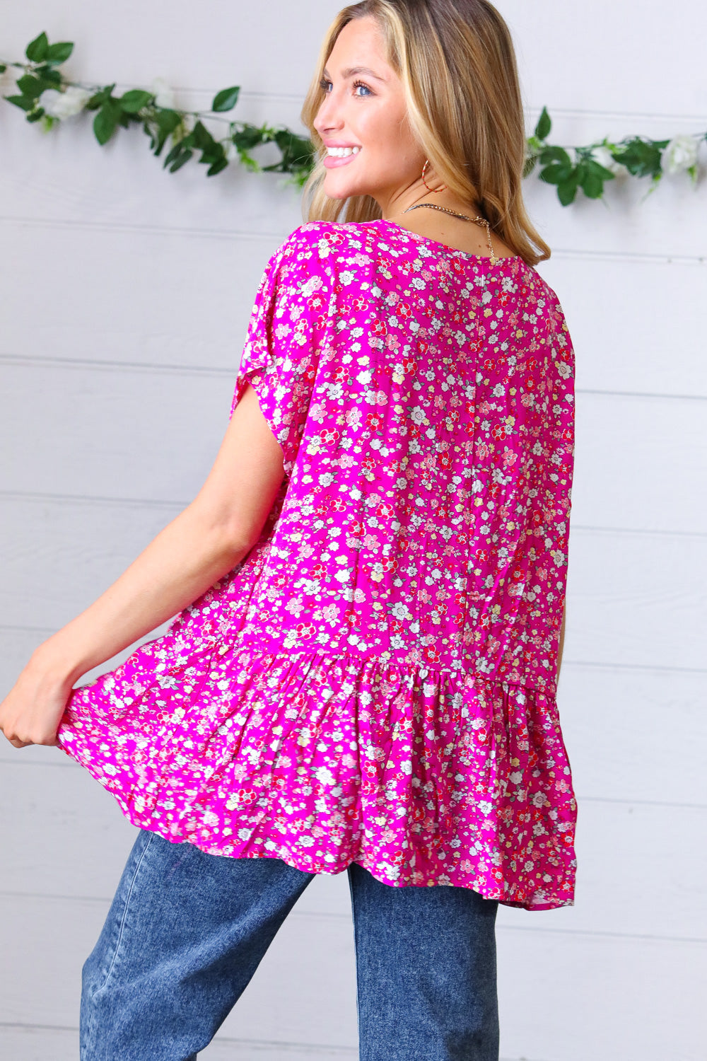 Fuchsia Floral Babydoll Woven Challis Top