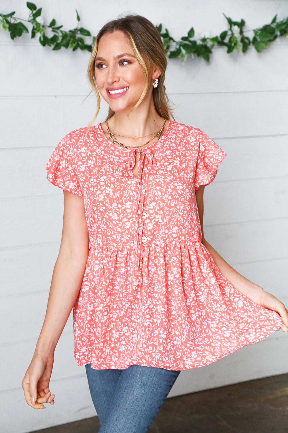 Peach Floral Button Tie Neck Babydoll Top