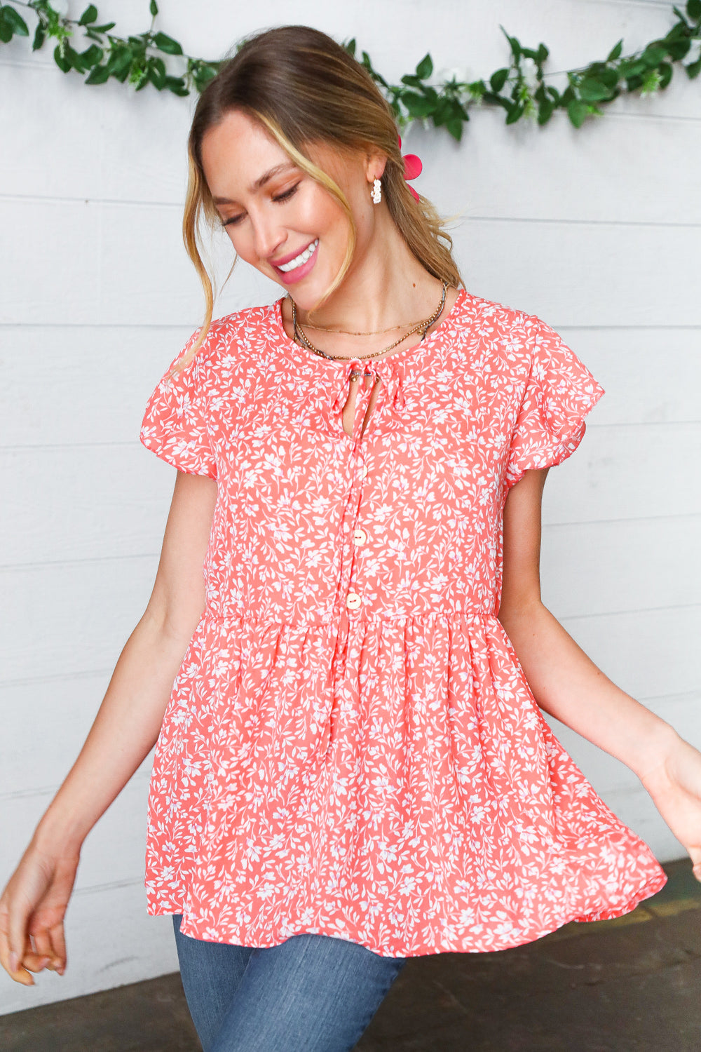 Peach Floral Button Tie Neck Babydoll Top