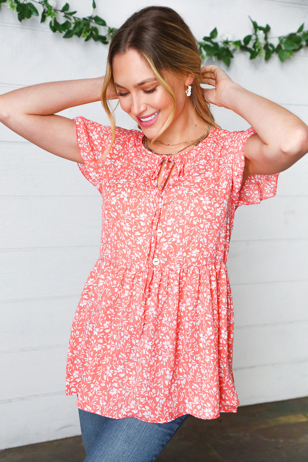 Peach Floral Button Tie Neck Babydoll Top