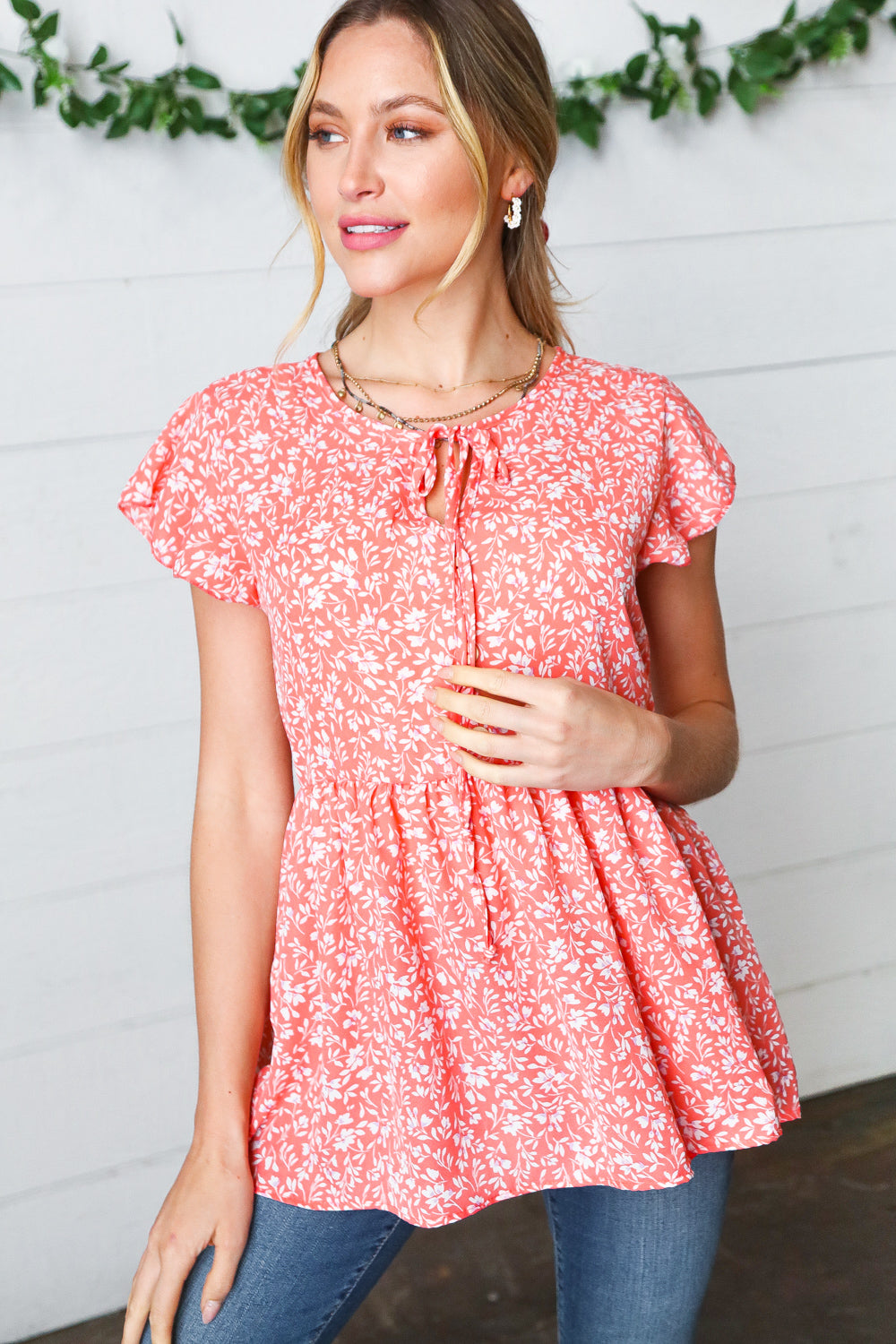 Peach Floral Button Tie Neck Babydoll Top