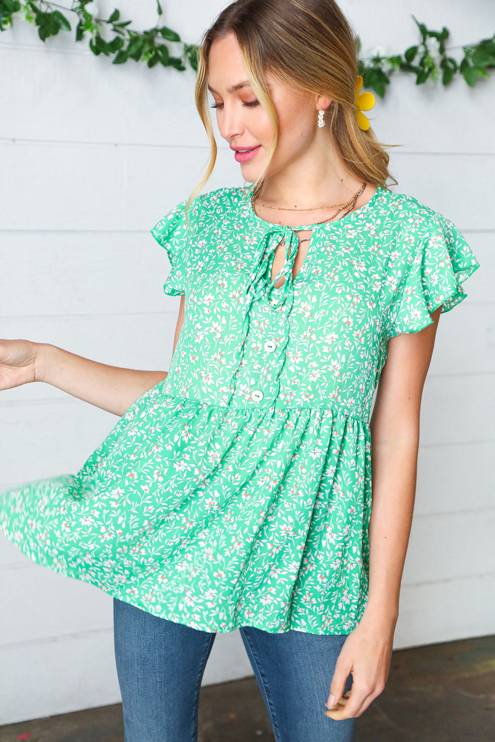 Green Floral Button Tie Neck Babydoll Top