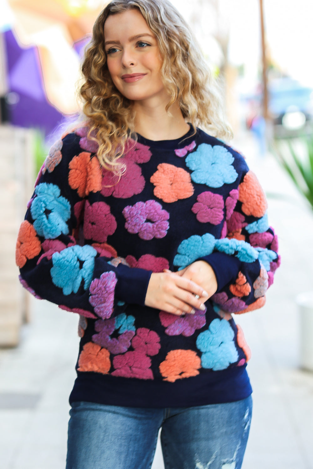 Feeling Joyful Navy & Fuchsia Embroidered Sherpa Flower Pullover