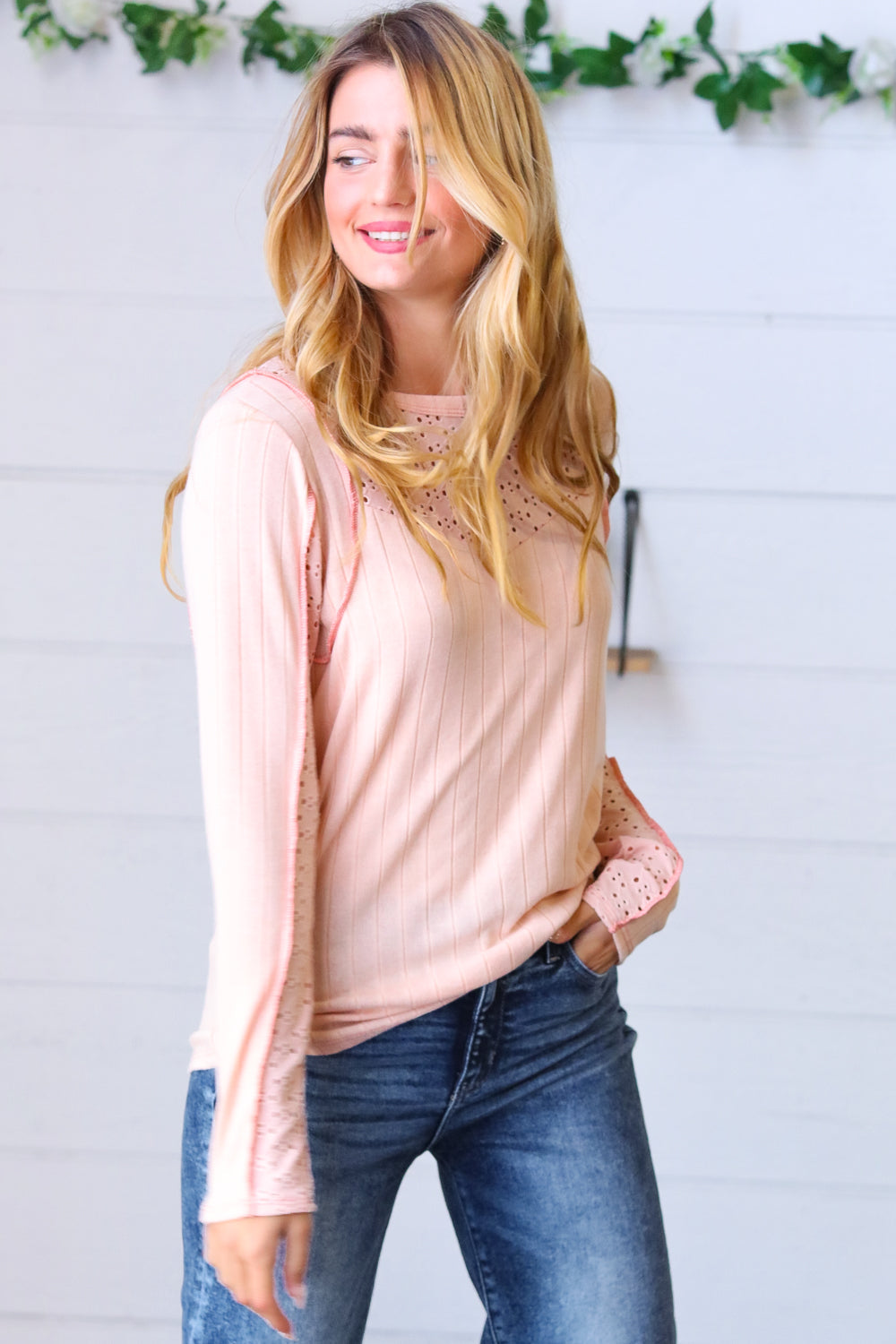 Peach Wide Rib Knit Eyelet Yoke Top