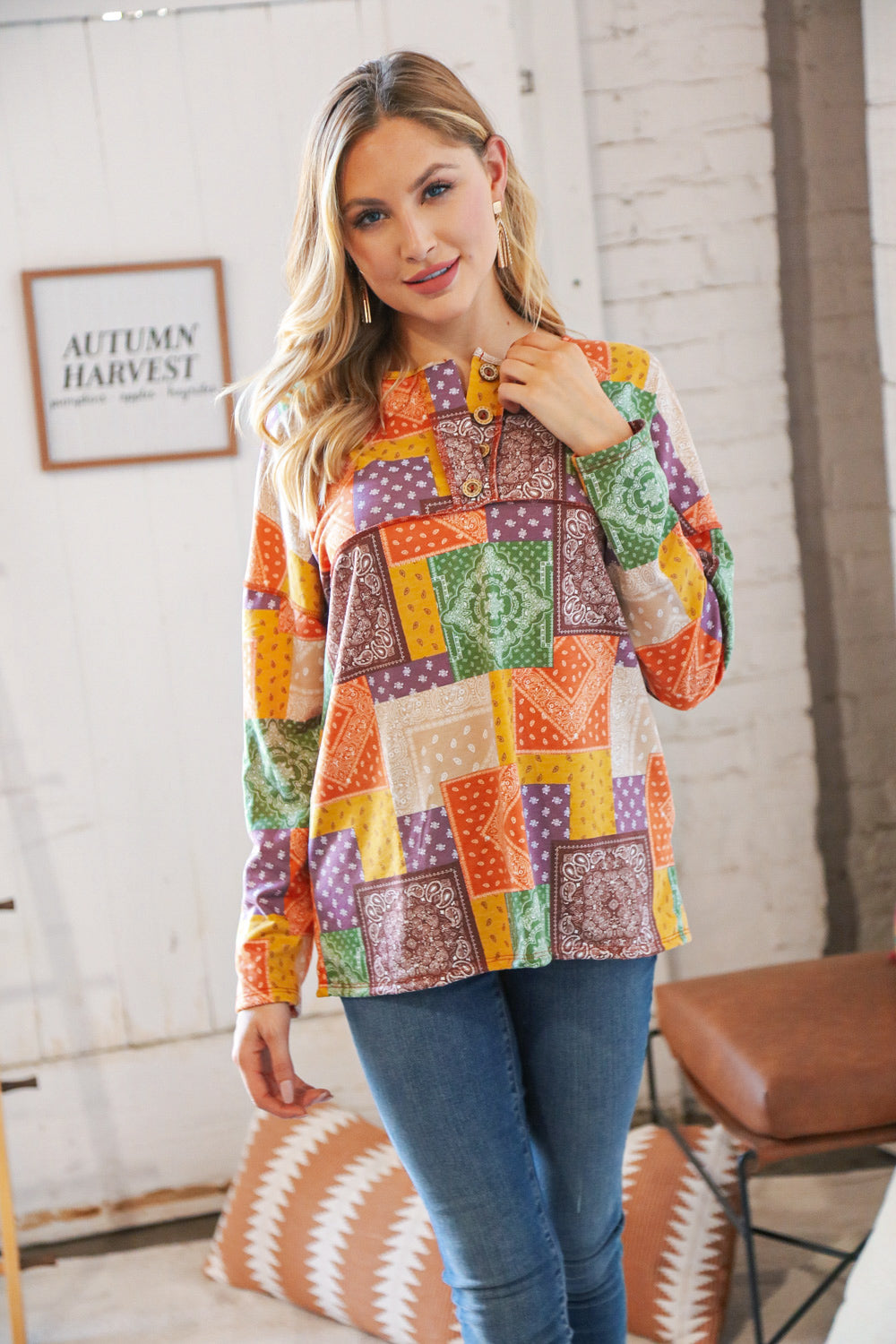 Multicolor Patchwork Button Down Terry Outseam Top