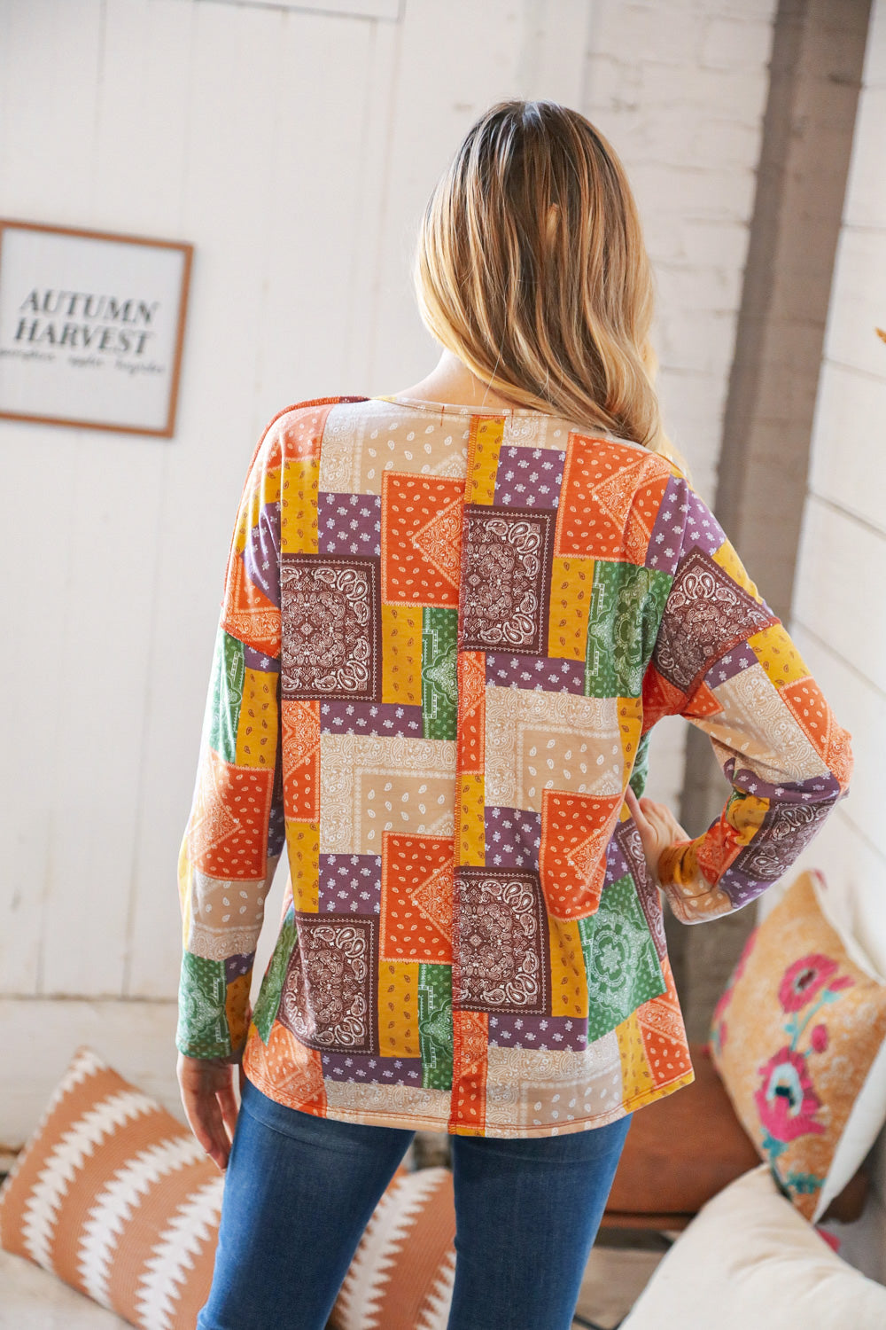 Multicolor Patchwork Button Down Terry Outseam Top