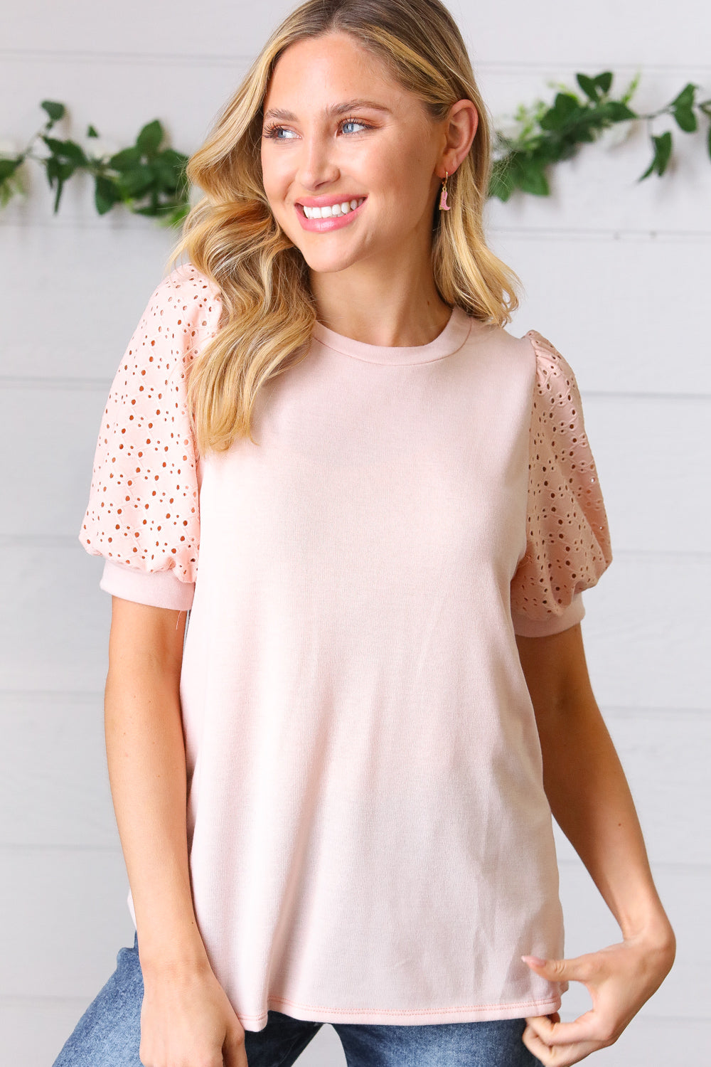 Peach Eyelet Puff Sleeve French Terry Top