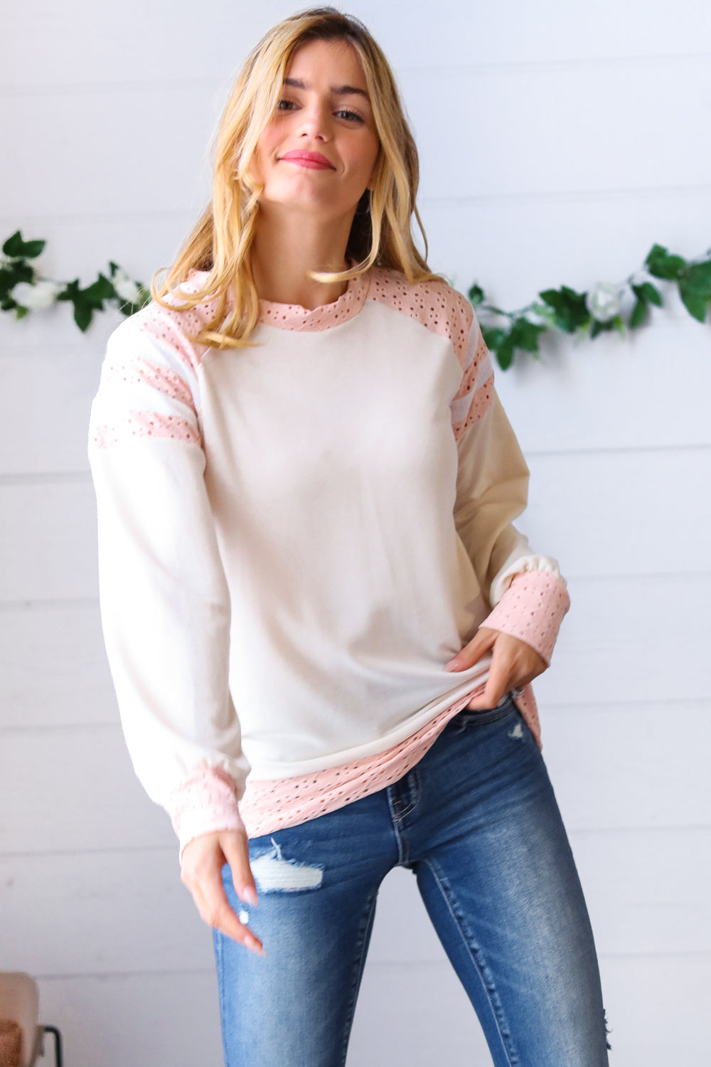 Peach & Beige Eyelet Raglan Pullover Top