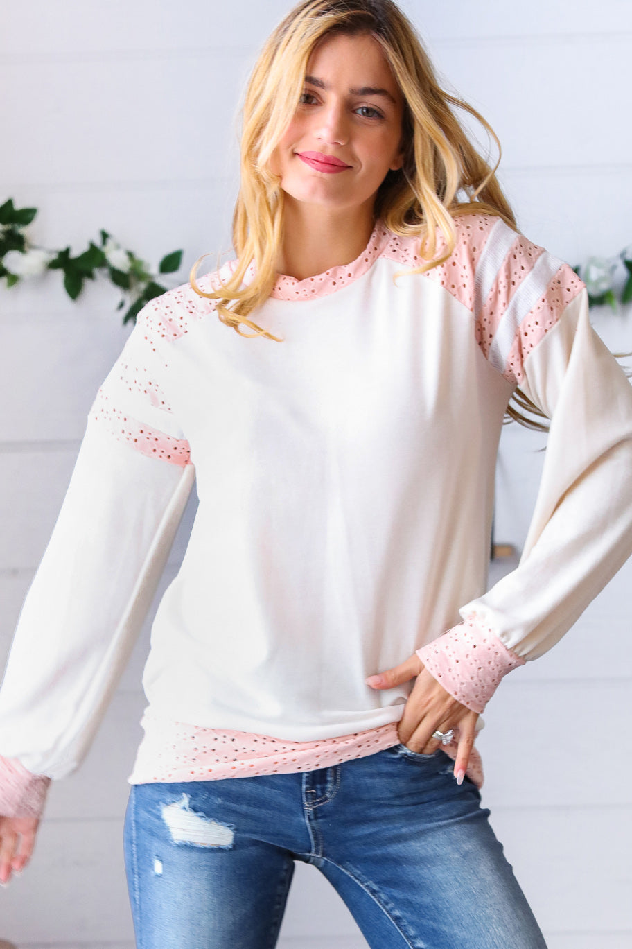 Peach & Beige Eyelet Raglan Pullover Top