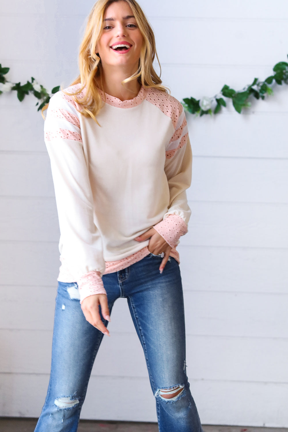 Peach & Beige Eyelet Raglan Pullover Top