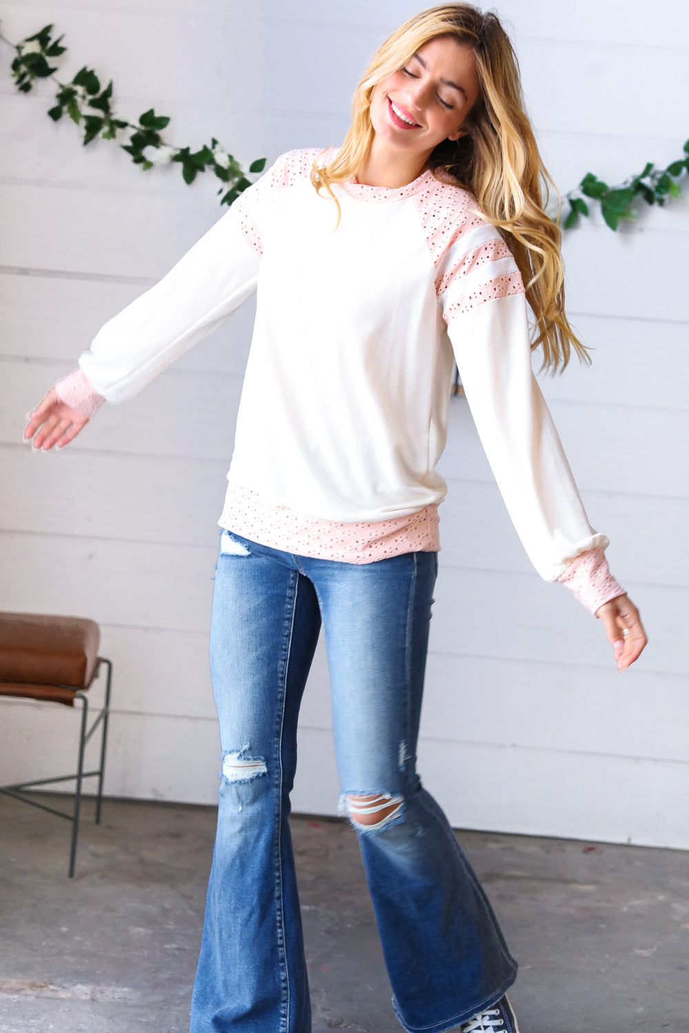 Peach & Beige Eyelet Raglan Pullover Top