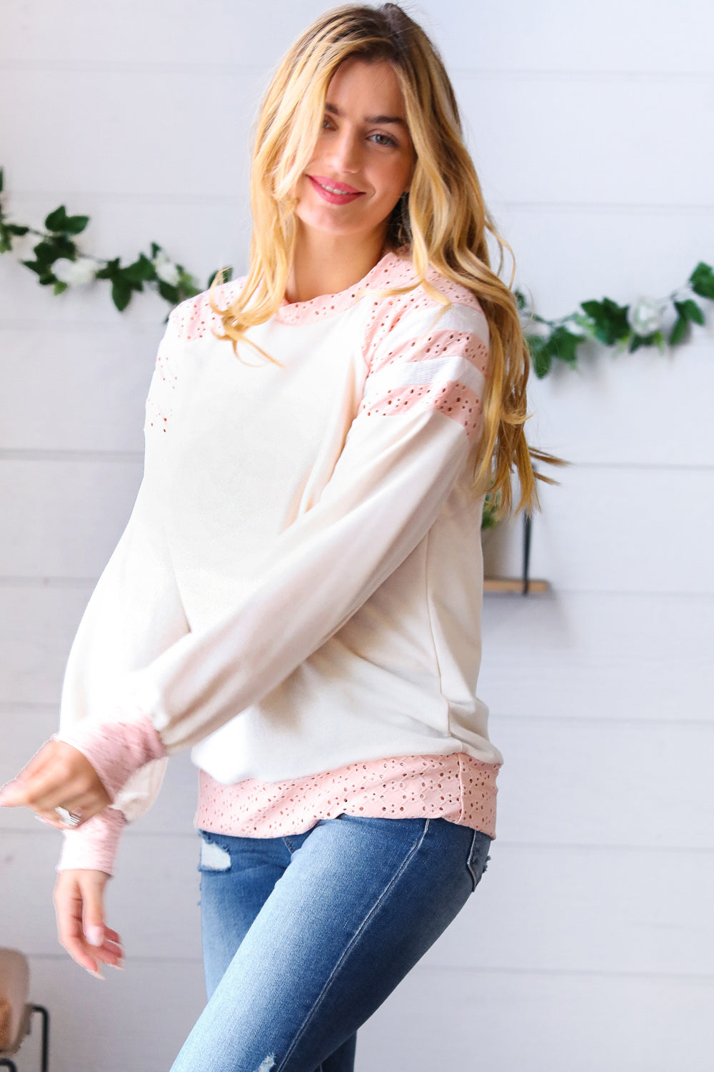 Peach & Beige Eyelet Raglan Pullover Top