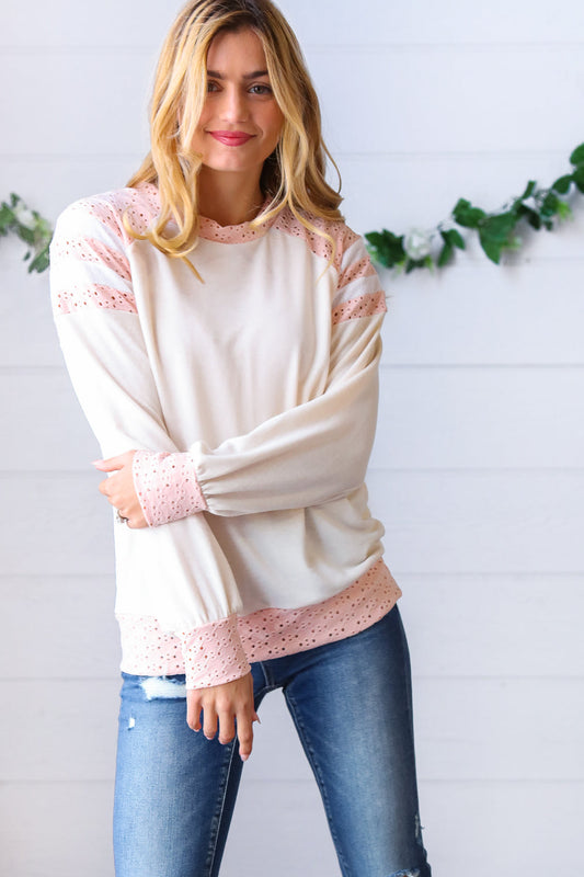 Peach & Beige Eyelet Raglan Pullover Top