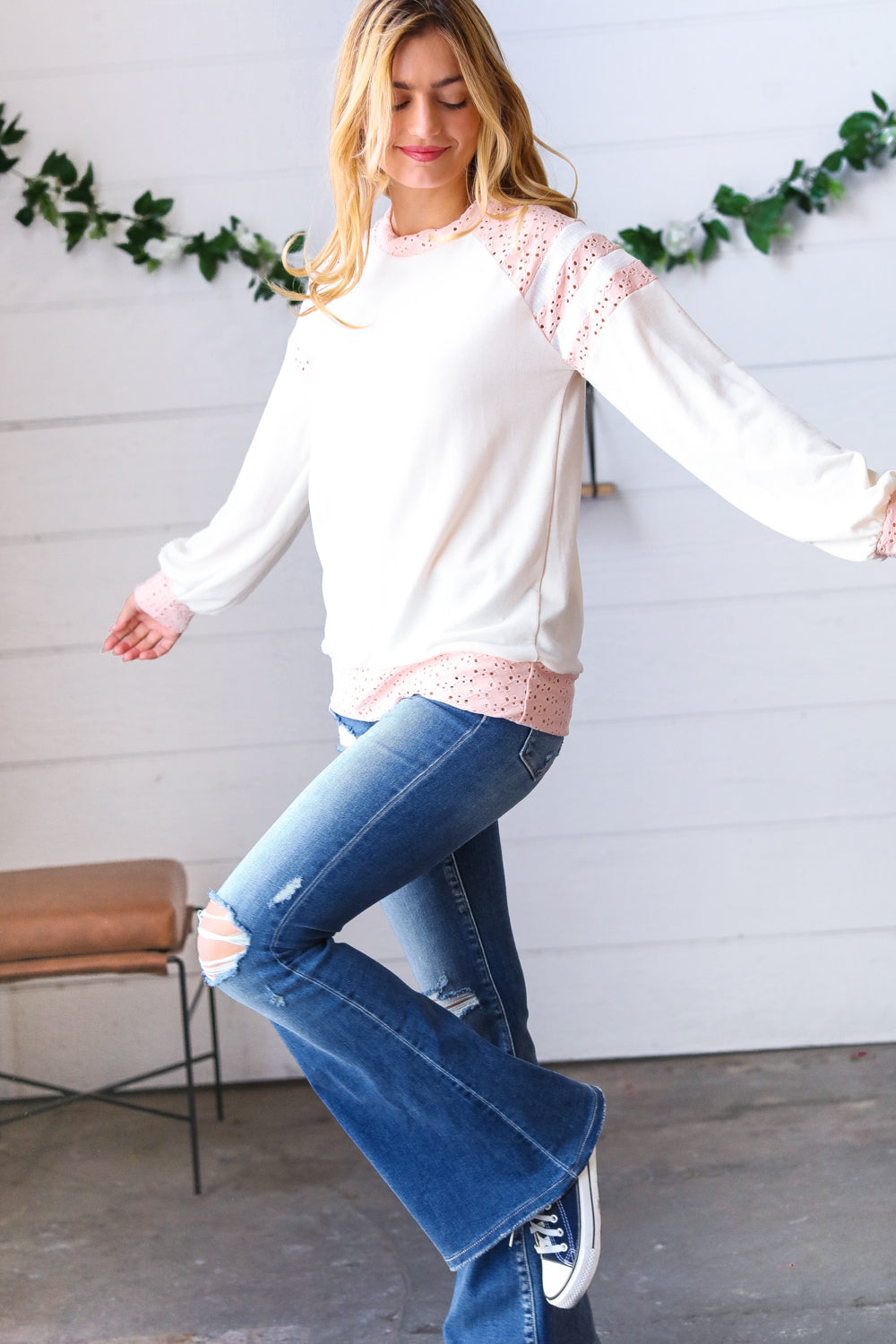 Peach & Beige Eyelet Raglan Pullover Top