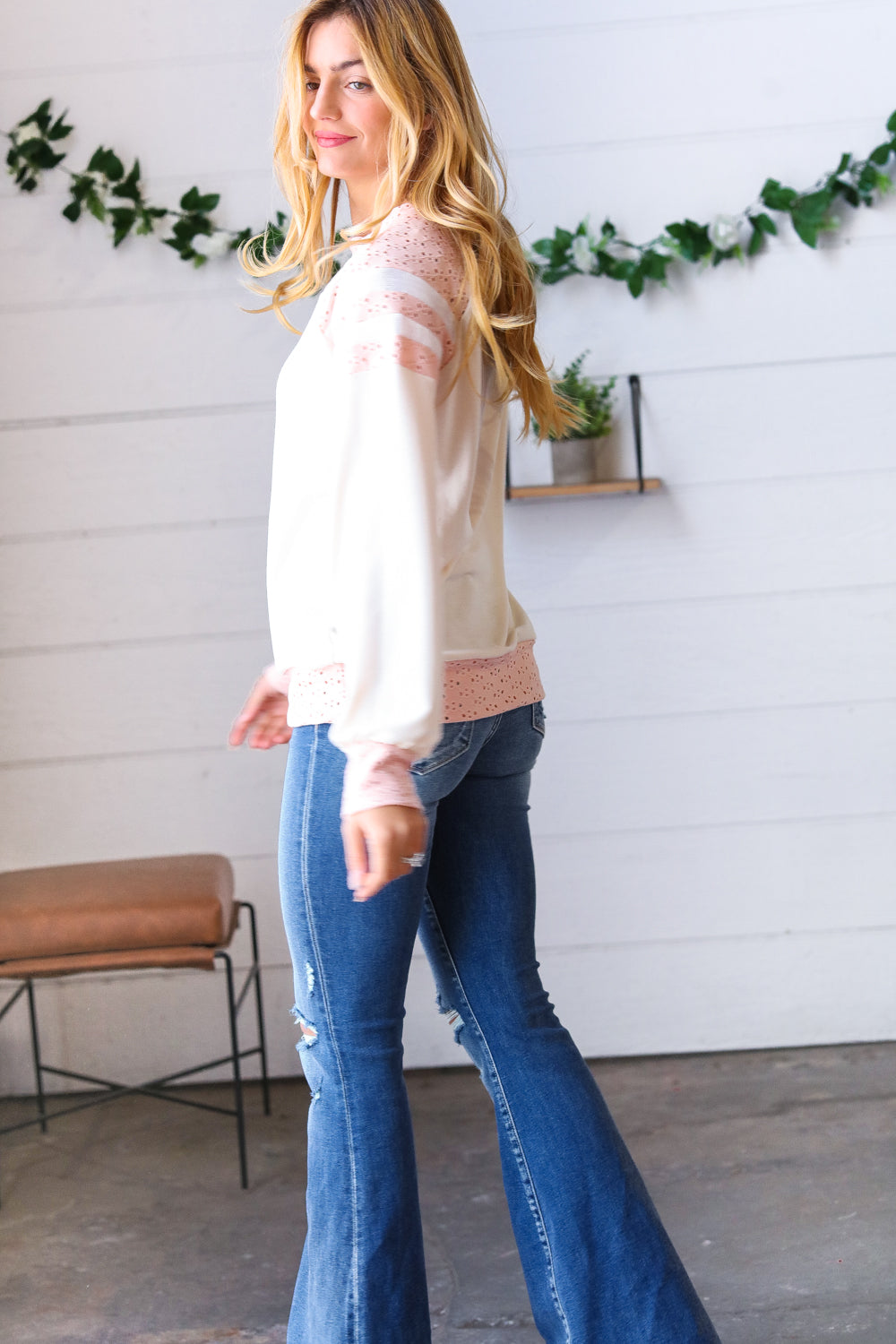 Peach & Beige Eyelet Raglan Pullover Top