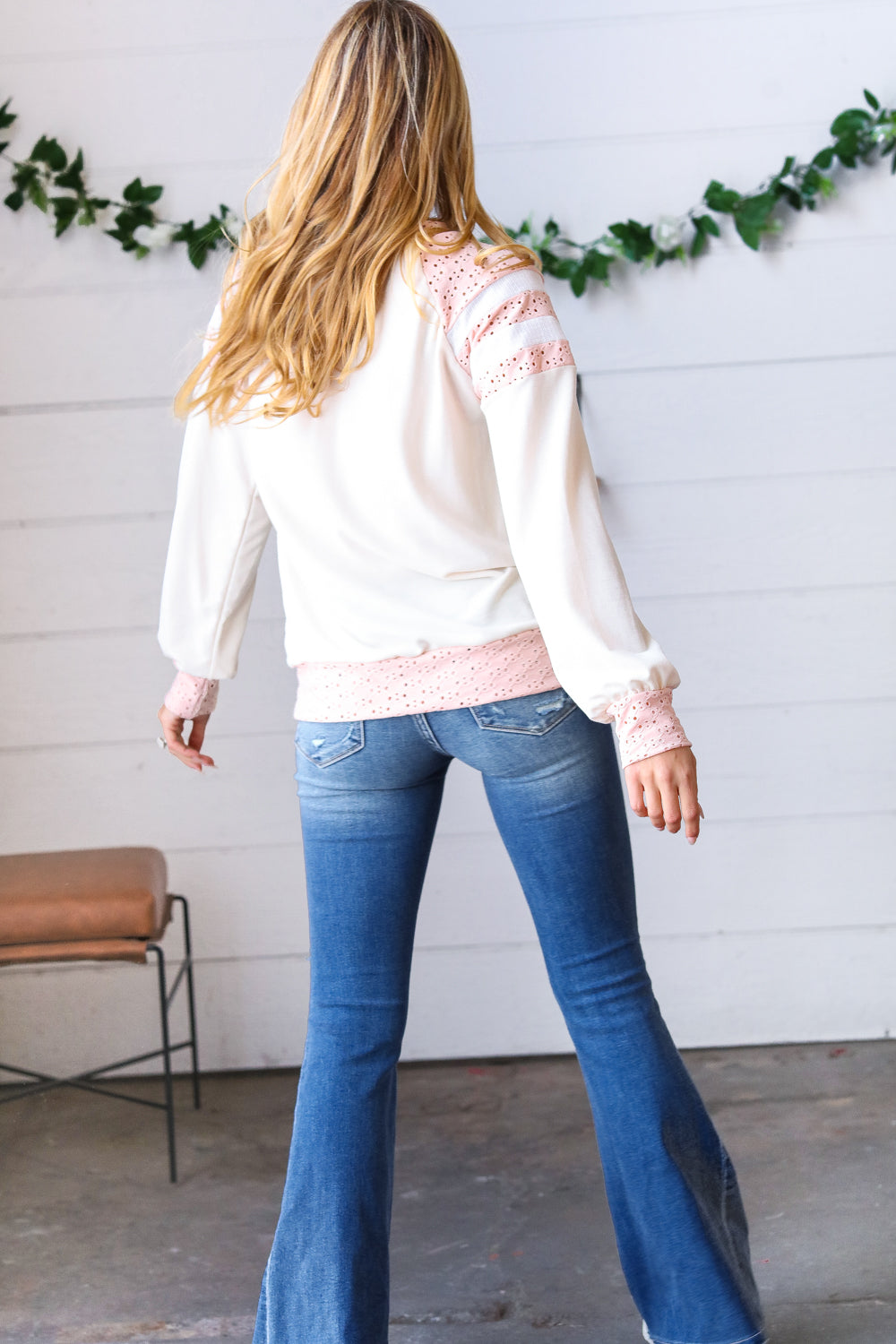 Peach & Beige Eyelet Raglan Pullover Top