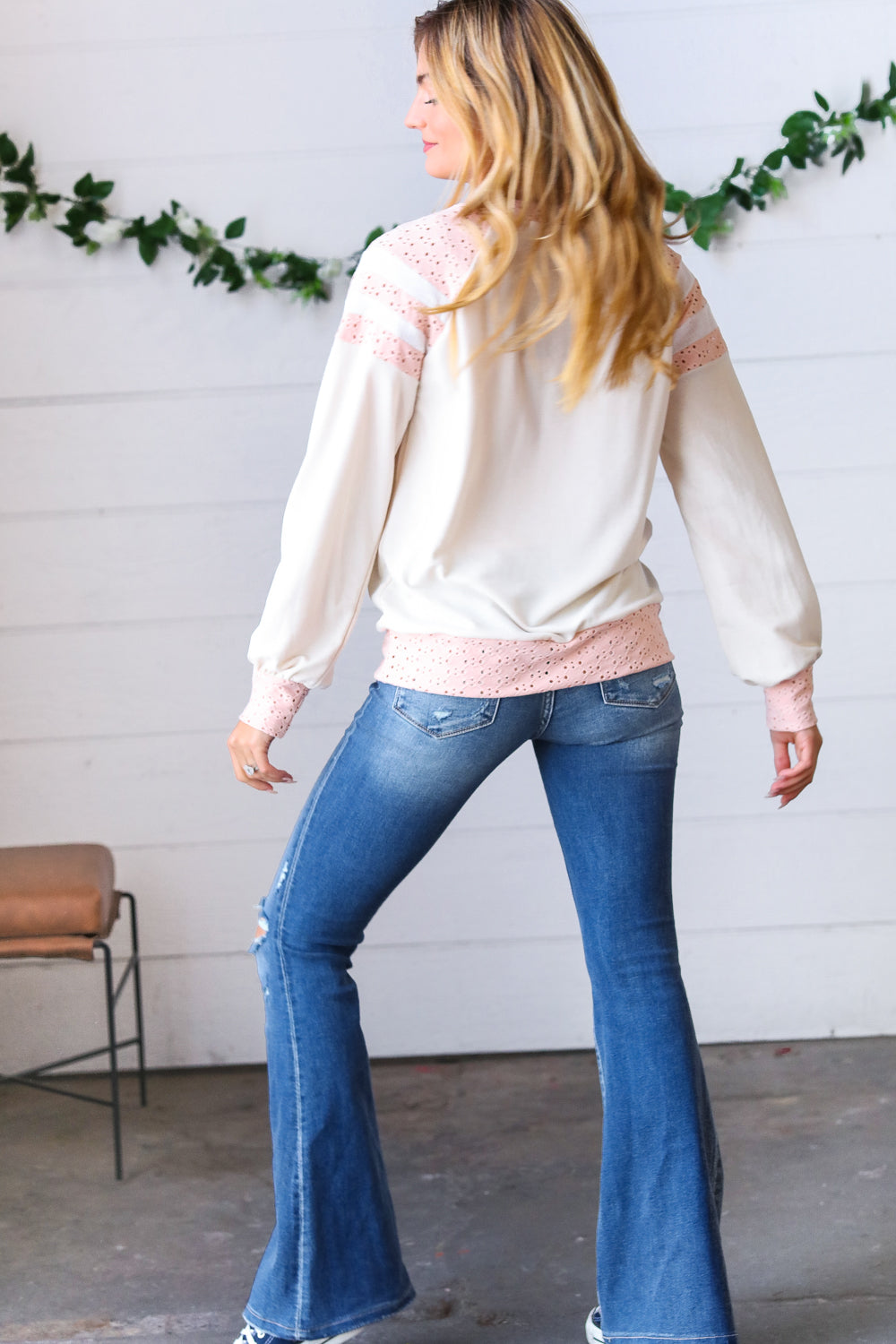 Peach & Beige Eyelet Raglan Pullover Top