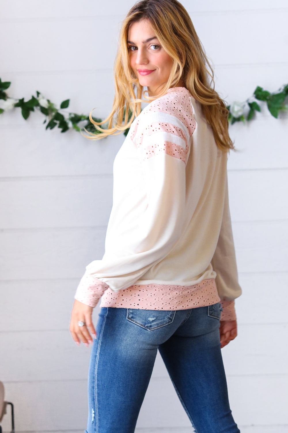 Peach & Beige Eyelet Raglan Pullover Top