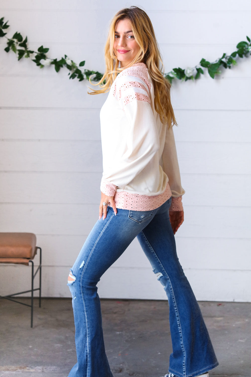 Peach & Beige Eyelet Raglan Pullover Top