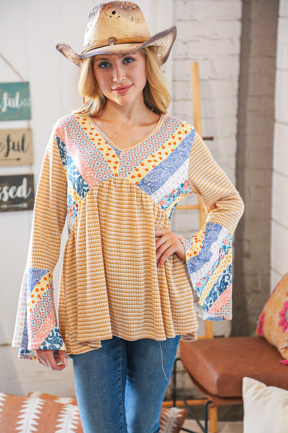 Mustard Ethnic Stripe Two Tone Bell Sleeve Knit Top