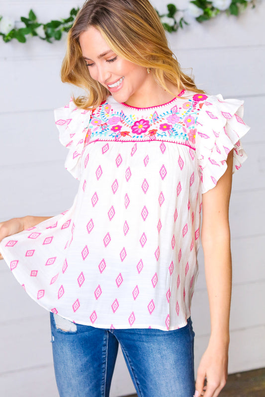 Pink Aztec & Embroidered Ruffle Top