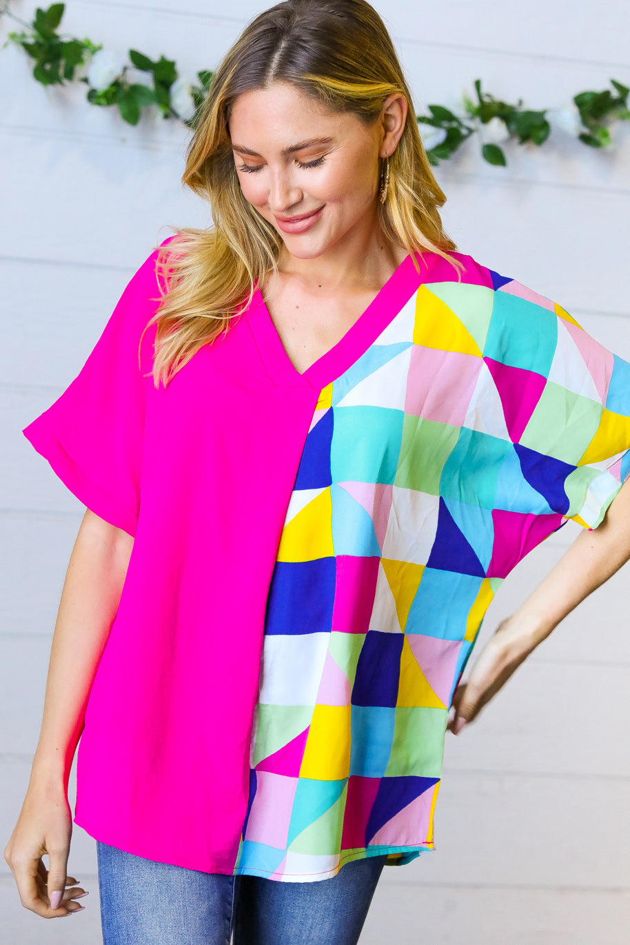 Fuchsia Multicolor Geometric Color Block Dolman Top