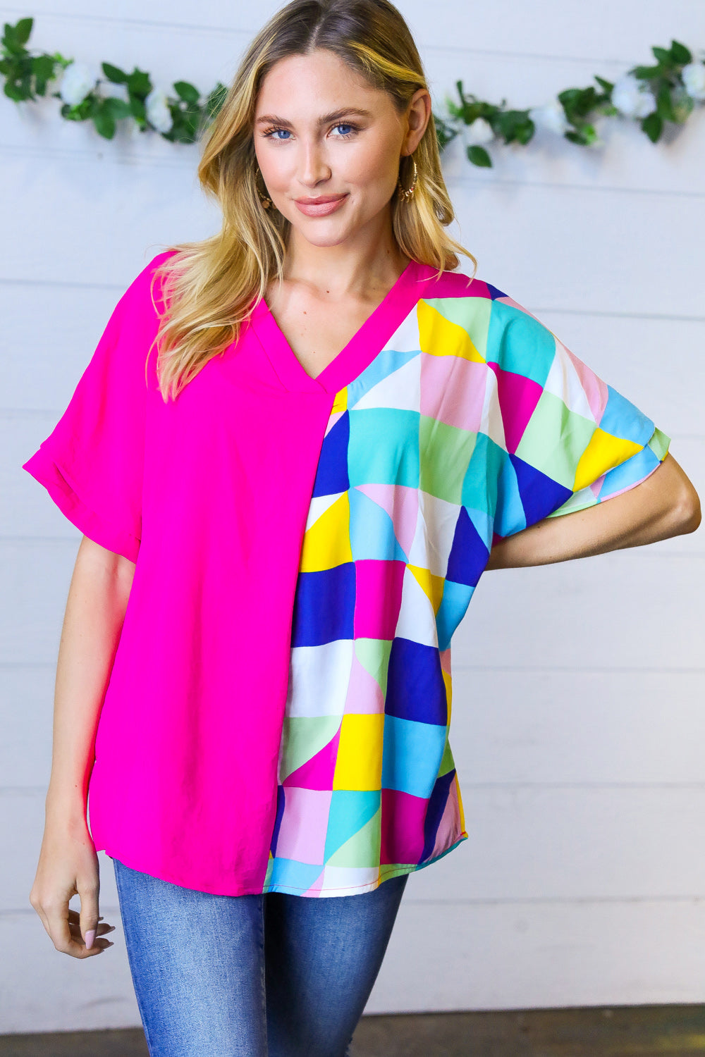 Fuchsia Multicolor Geometric Color Block Dolman Top