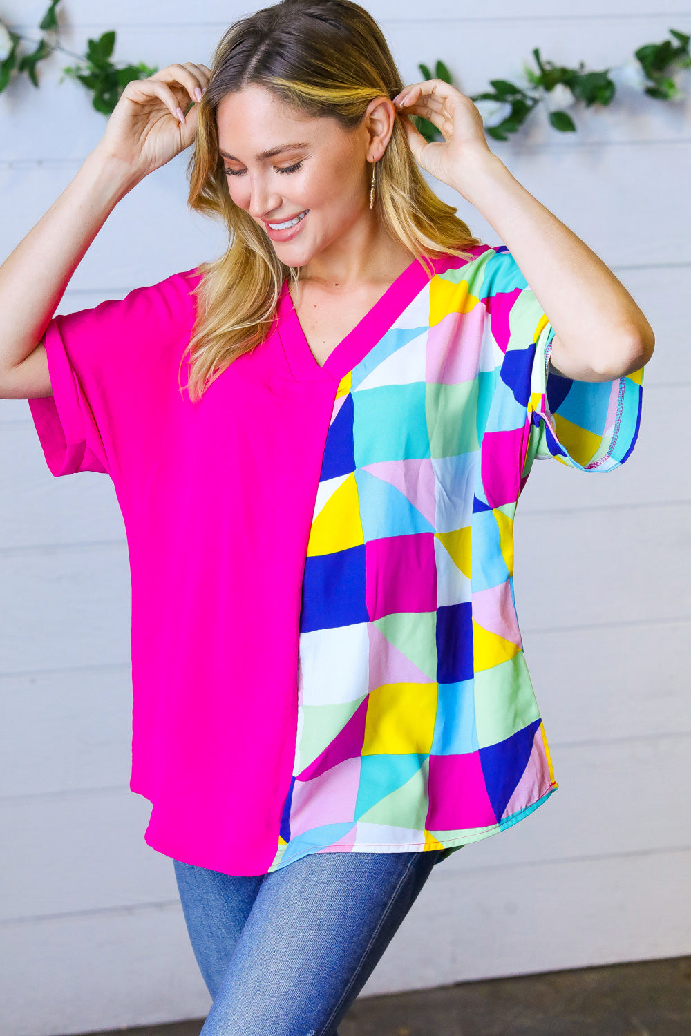 Fuchsia Multicolor Geometric Color Block Dolman Top