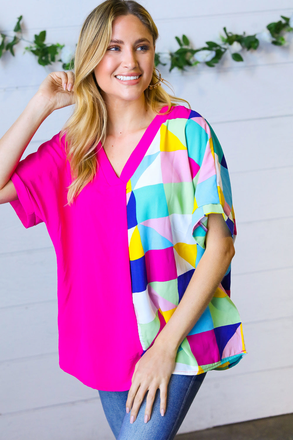 Fuchsia Multicolor Geometric Color Block Dolman Top