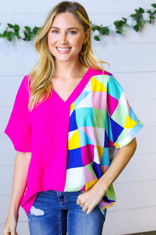 Fuchsia Multicolor Geometric Color Block Dolman Top