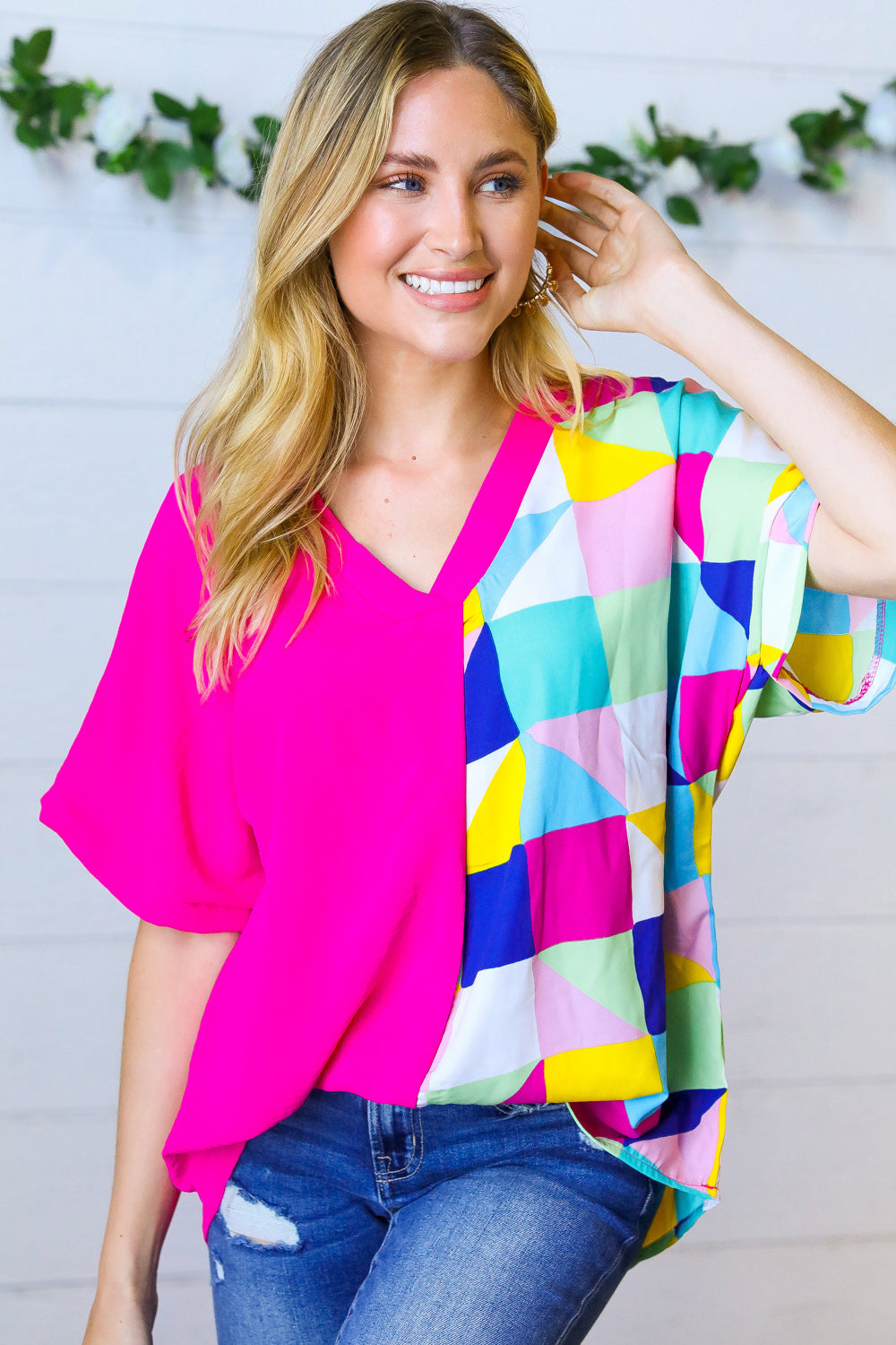 Fuchsia Multicolor Geometric Color Block Dolman Top