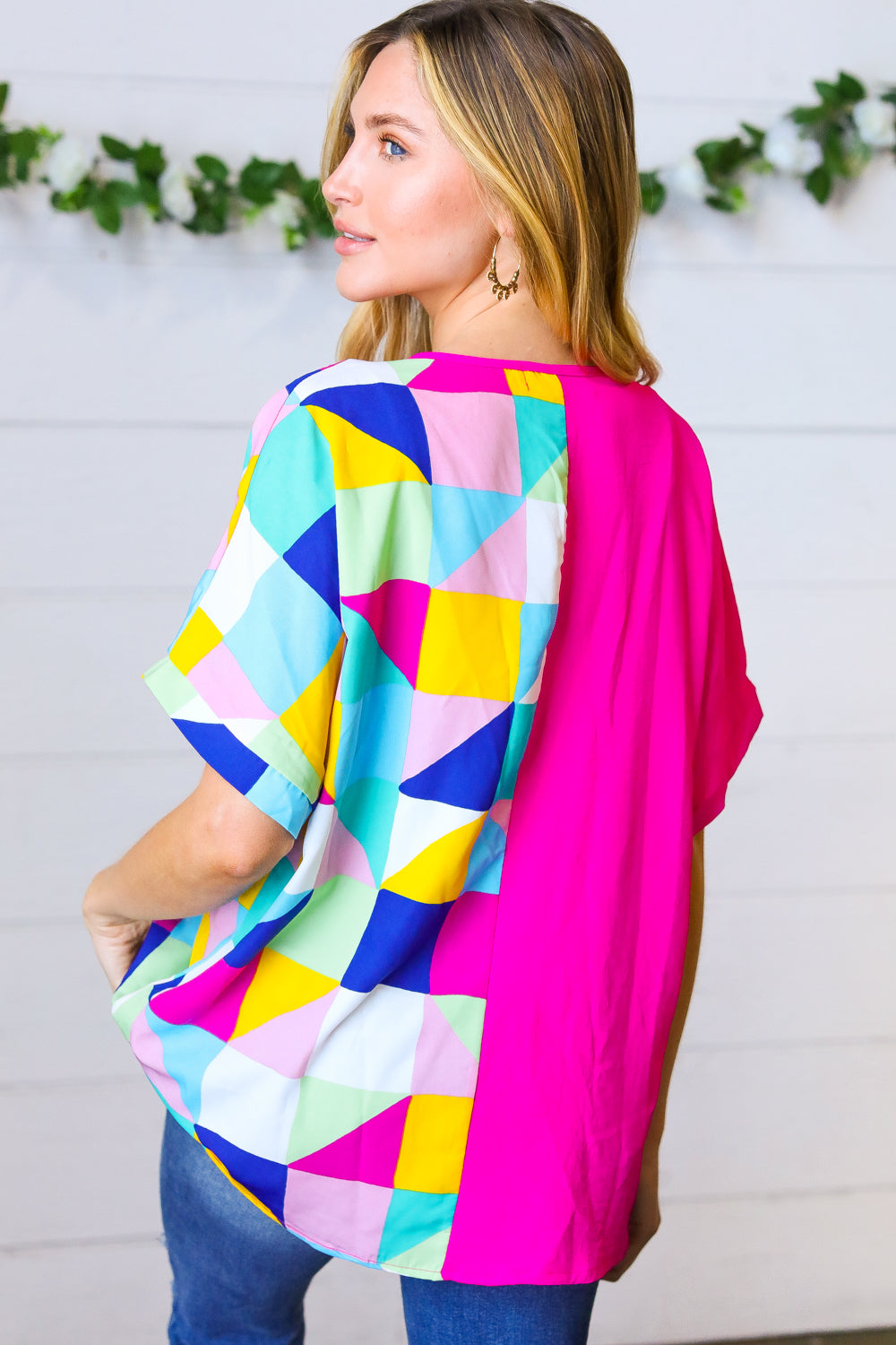 Fuchsia Multicolor Geometric Color Block Dolman Top