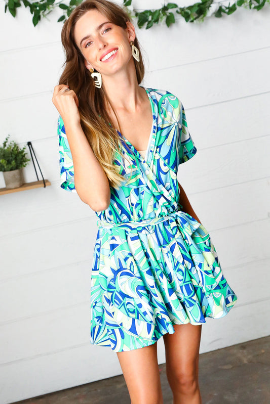 Green & Blue Geometric Print Surplice Romper