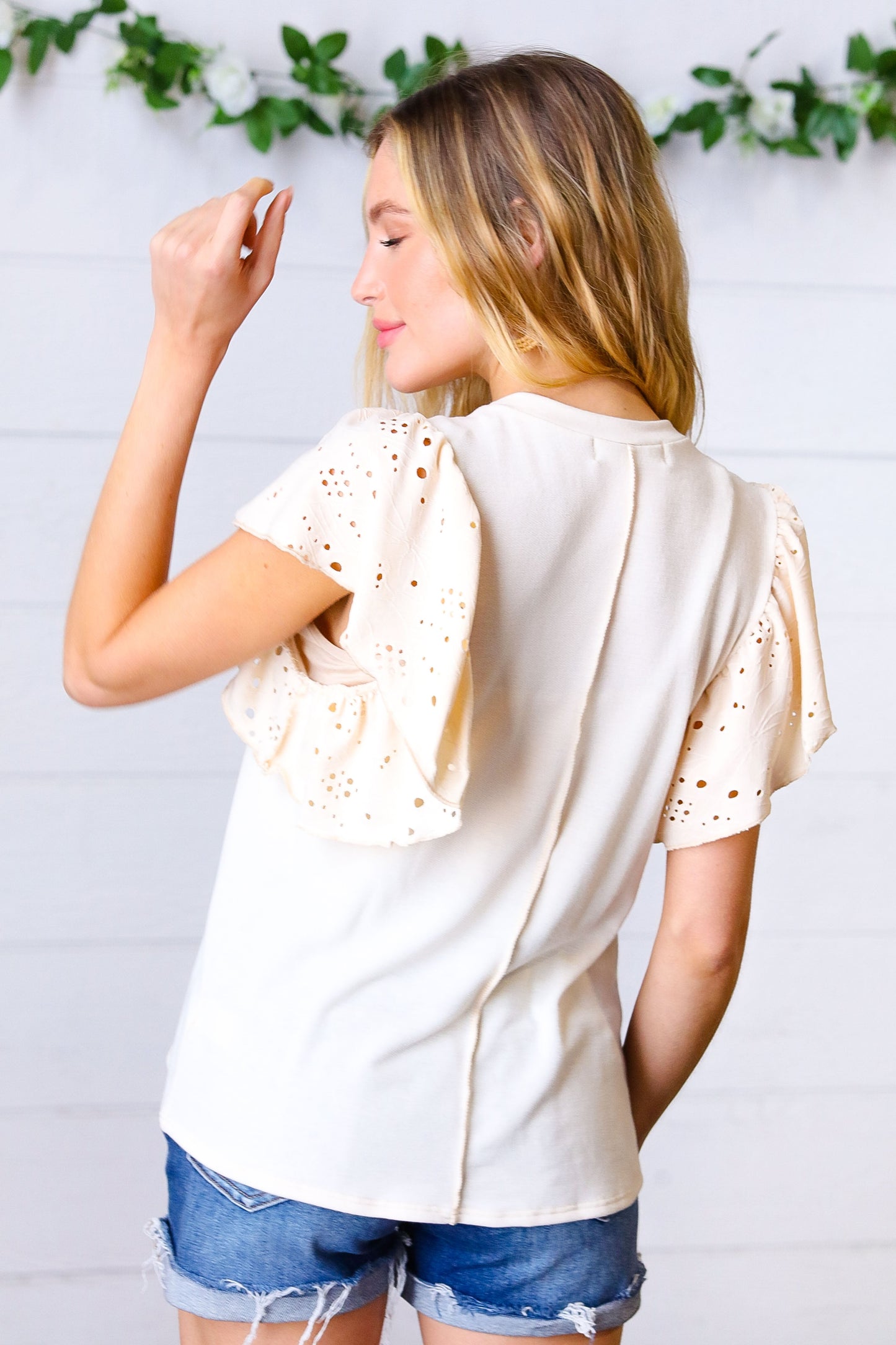 Oatmeal Terry Eyelet Flutter Sleeve Top