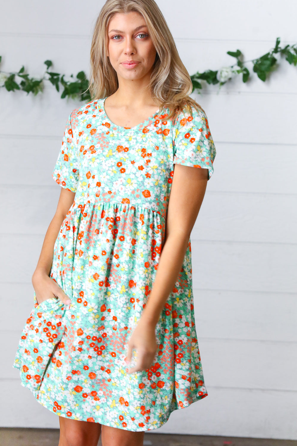 Mint & Coral Floral Babydoll Fit and Flare Dress