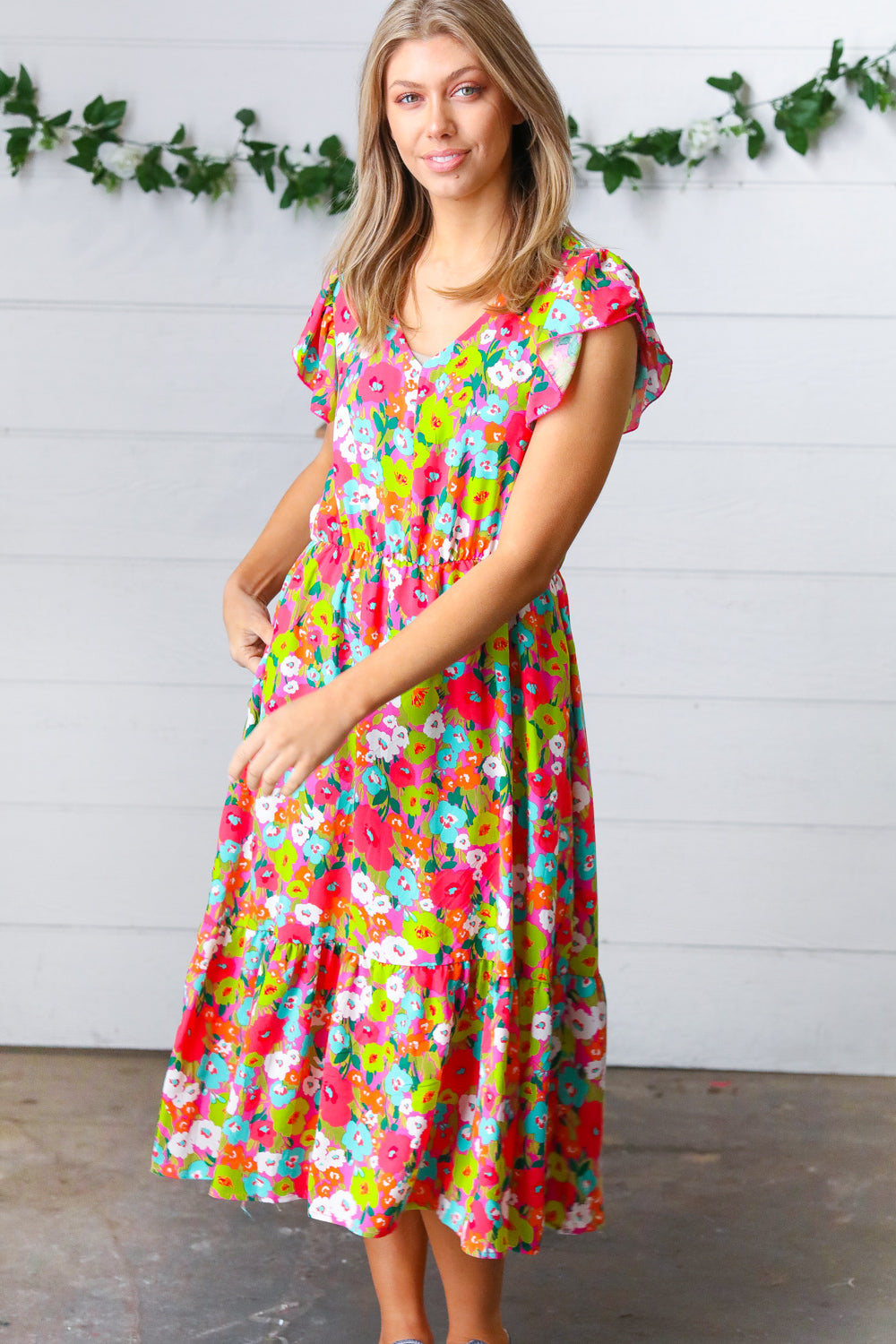 Multicolor Floral Boho Elastic Waist Ruffle Midi Dress