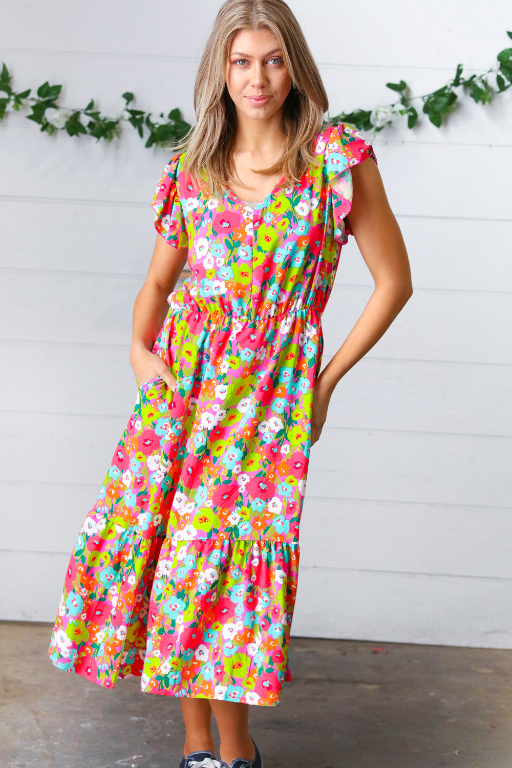 Multicolor Floral Boho Elastic Waist Ruffle Midi Dress