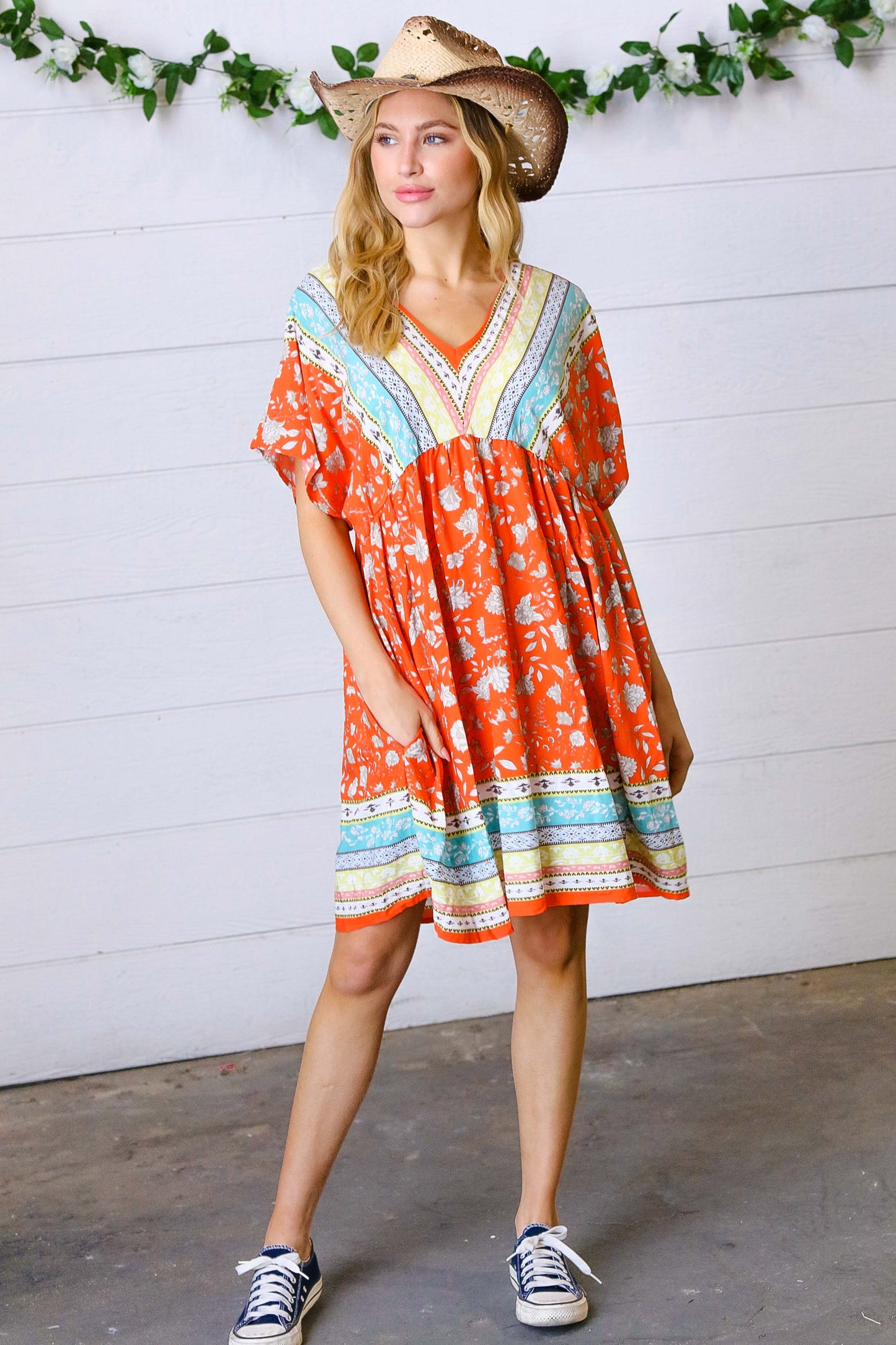 Persimmon & Blue Paisley Dolman V Neck Border Dress