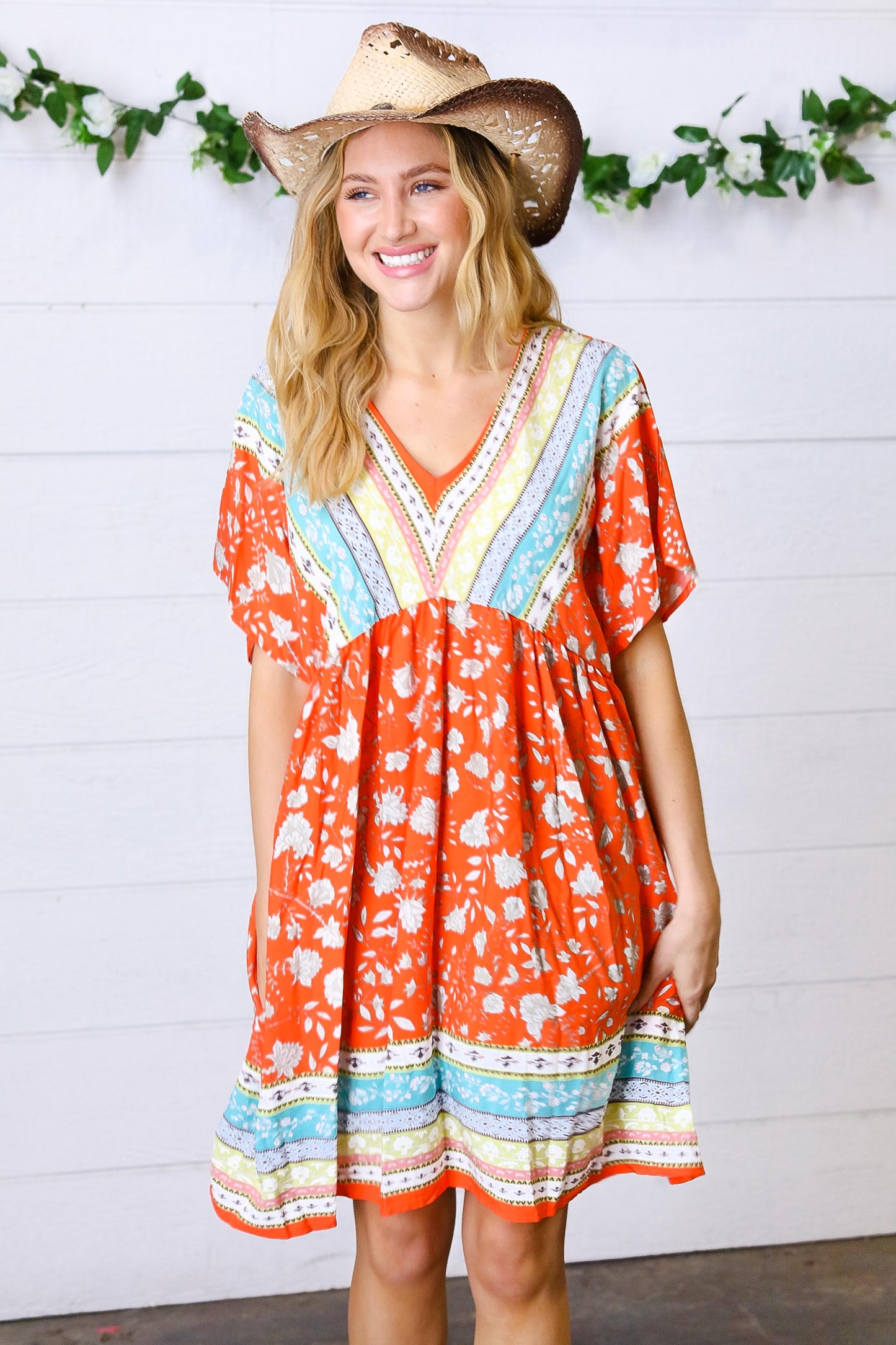 Persimmon & Blue Paisley Dolman V Neck Border Dress