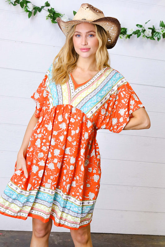 Persimmon & Blue Paisley Dolman V Neck Border Dress