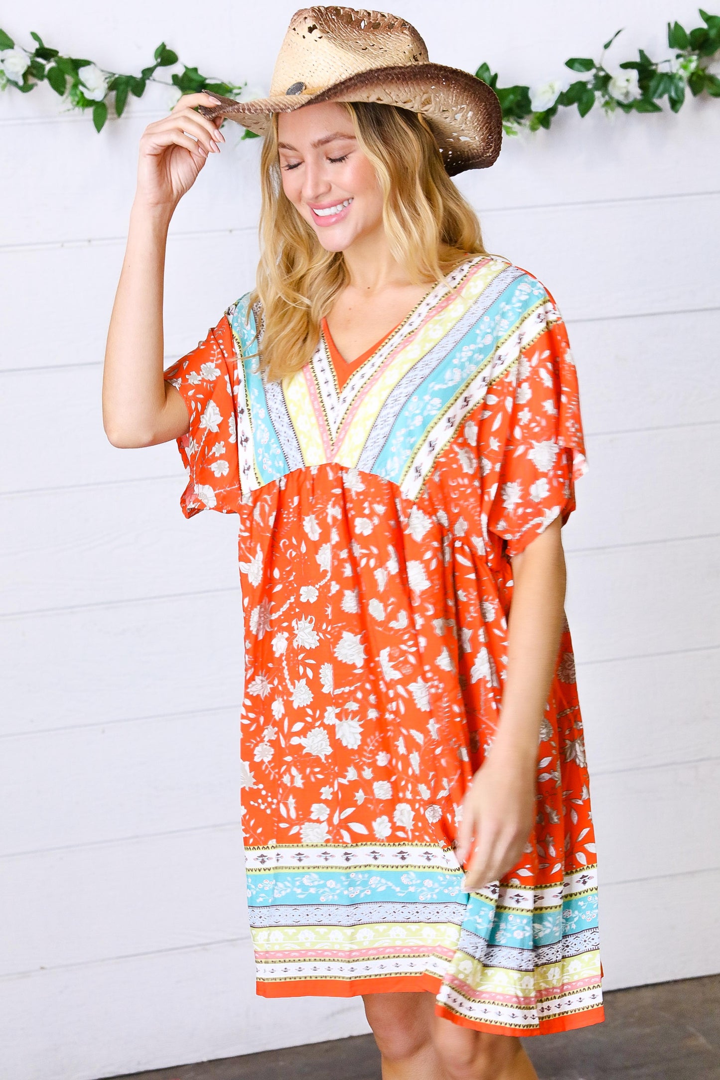 Persimmon & Blue Paisley Dolman V Neck Border Dress