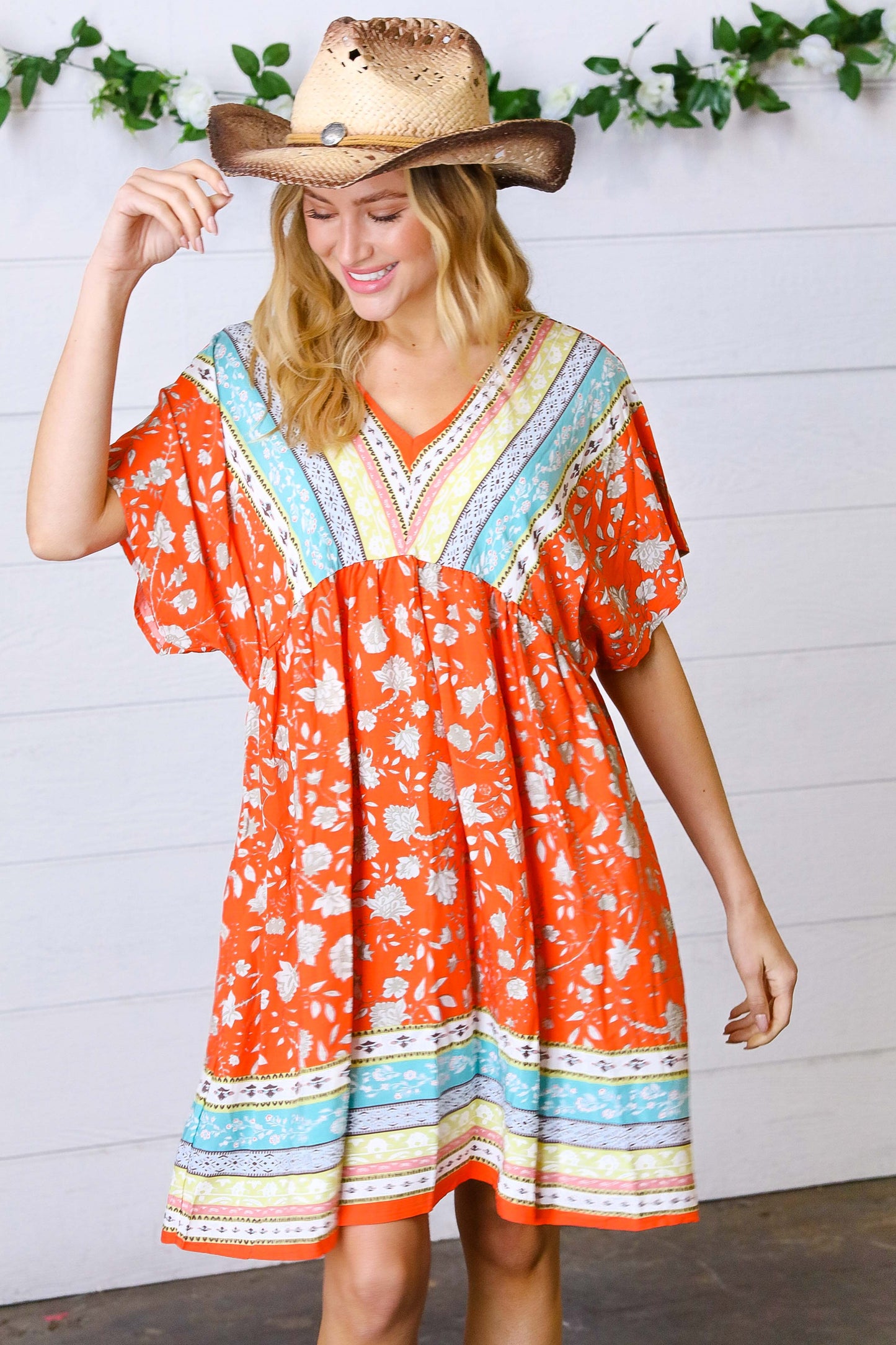 Persimmon & Blue Paisley Dolman V Neck Border Dress