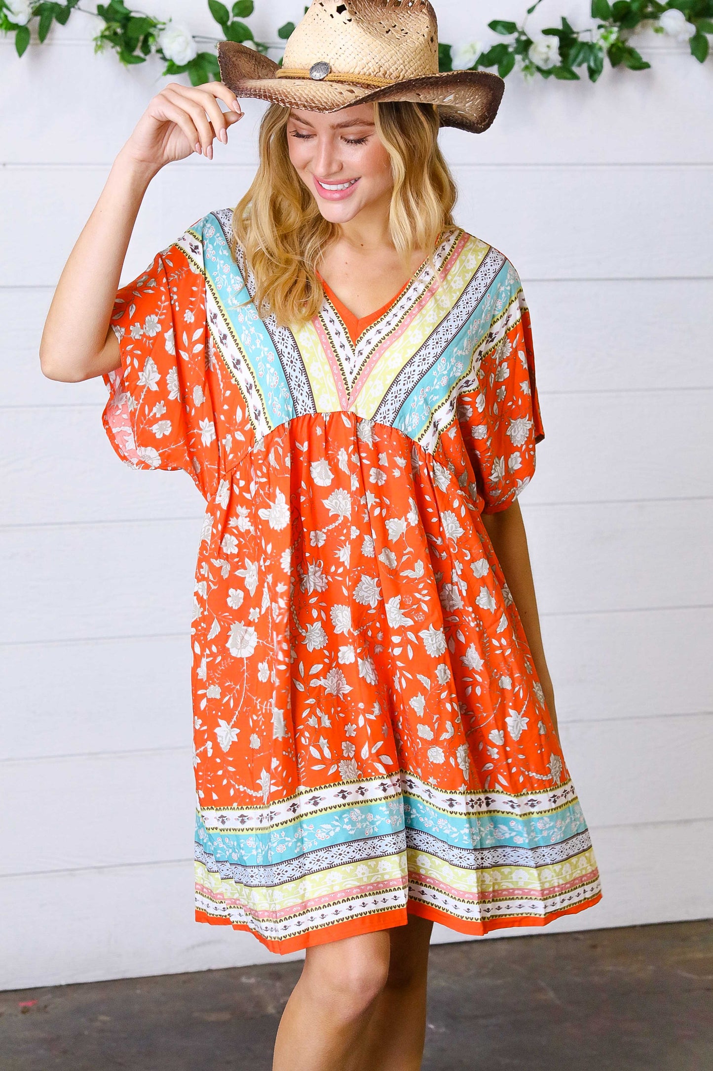 Persimmon & Blue Paisley Dolman V Neck Border Dress